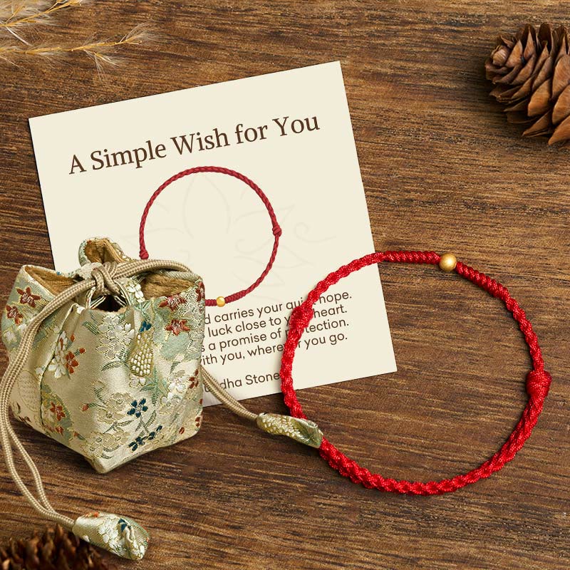 Buddha Stones "A Simple Wish for You" 925 Sterling Silver Plated Gold Single Bead Red Rope Bracelet Anklet Includes Gift Message Card - Fortune Jewel