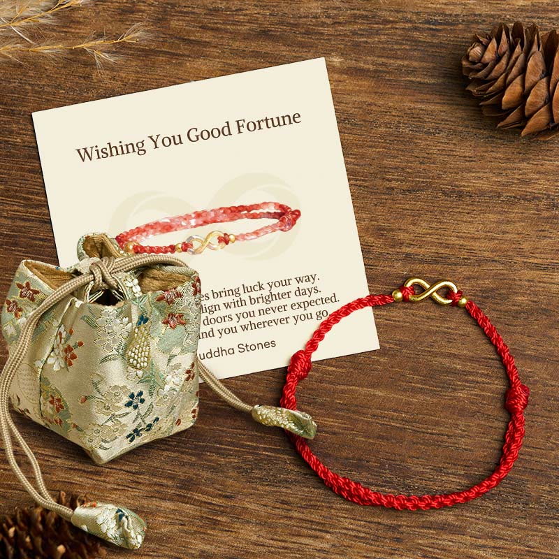 Fortune Jewel "May Endless Luck Find You" Infinity Charm Brass Red String Bracelet Includes Gift Message Card - Fortune Jewel