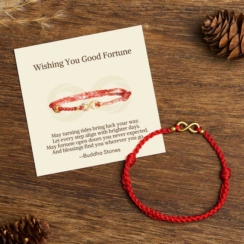 Fortune Jewel "May Endless Luck Find You" Infinity Charm Brass Red String Bracelet Includes Gift Message Card - Fortune Jewel