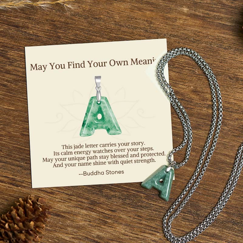 Buddha Stones "May You Find Your Own Meaning" Natural A-Z Letter Jade Titanium Steel Chain Necklace Includes Gift Message Card - Fortune Jewel