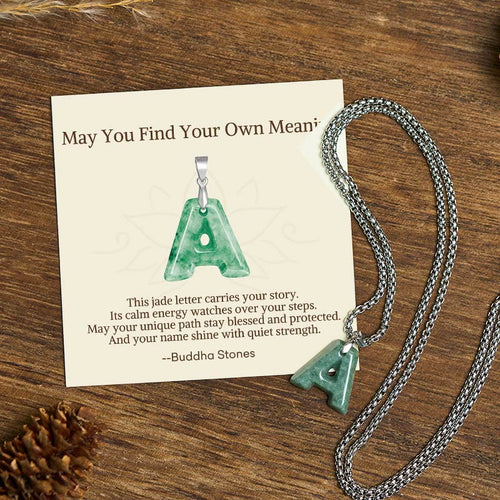 Buddha Stones "May You Find Your Own Meaning" Natural A-Z Letter Jade Titanium Steel Chain Necklace Includes Gift Message Card - Fortune Jewel