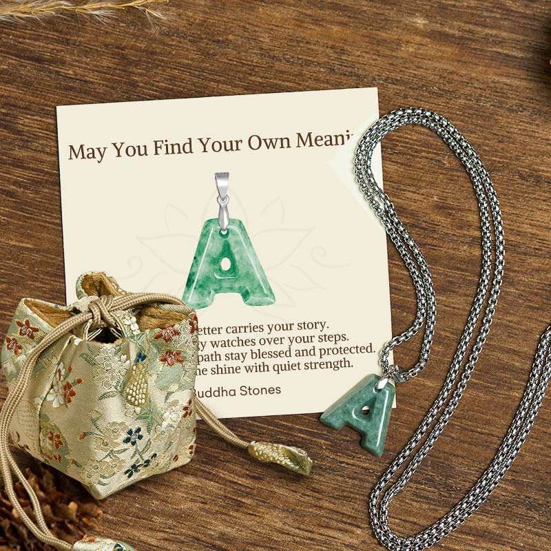 Buddha Stones "May You Find Your Own Meaning" Natural A-Z Letter Jade Titanium Steel Chain Necklace Includes Gift Message Card - Fortune Jewel