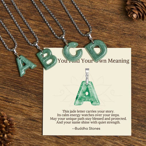 Buddha Stones "May You Find Your Own Meaning" Natural A-Z Letter Jade Titanium Steel Chain Necklace Includes Gift Message Card - Fortune Jewel