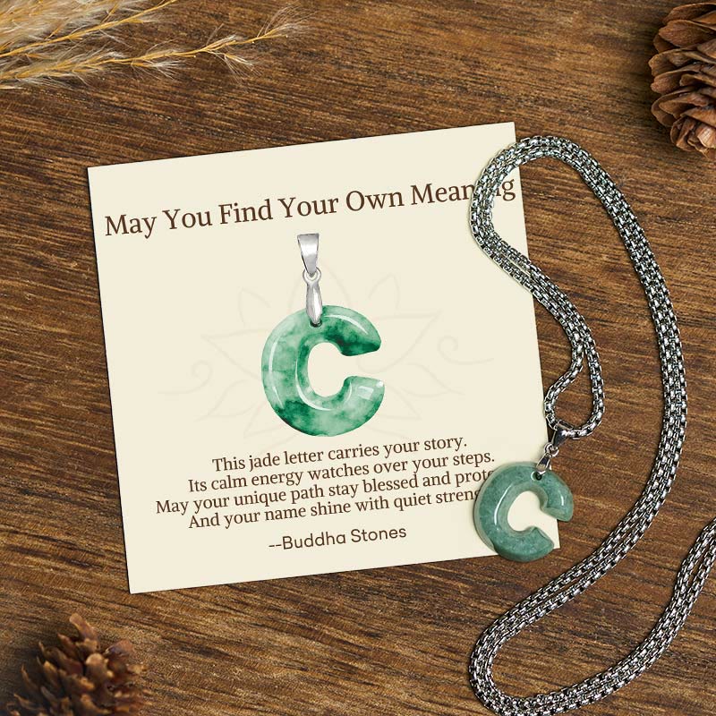 Buddha Stones "May You Find Your Own Meaning" Natural A-Z Letter Jade Titanium Steel Chain Necklace Includes Gift Message Card - Fortune Jewel