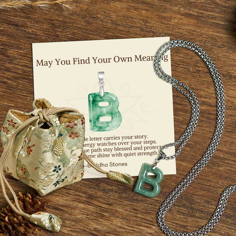 Buddha Stones "May You Find Your Own Meaning" Natural A-Z Letter Jade Titanium Steel Chain Necklace Includes Gift Message Card - Fortune Jewel