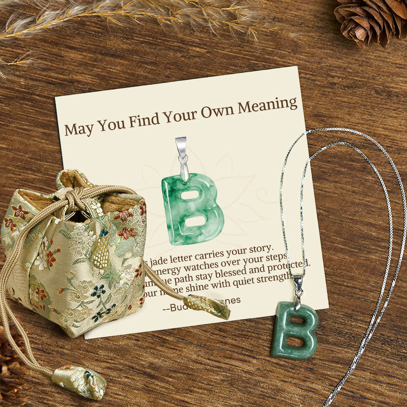 Fortune Jewel "May You Find Your Own Meaning" Natural A-Z Letter Jade 925 Sterling Silver Chain Necklace Includes Gift Message Card - Fortune Jewel