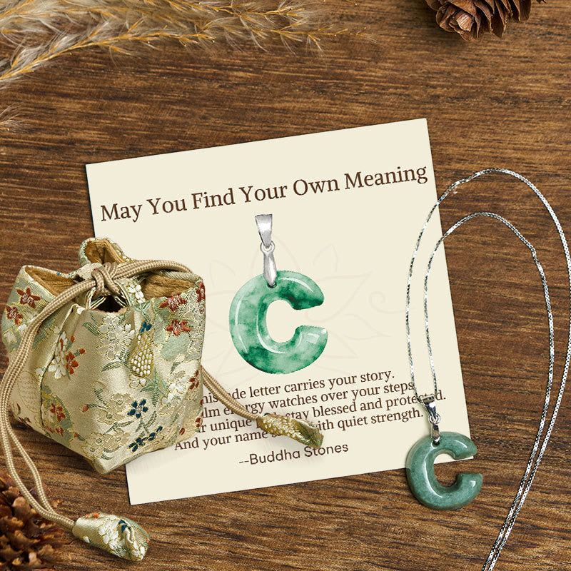 Fortune Jewel "May You Find Your Own Meaning" Natural A-Z Letter Jade 925 Sterling Silver Chain Necklace Includes Gift Message Card - Fortune Jewel
