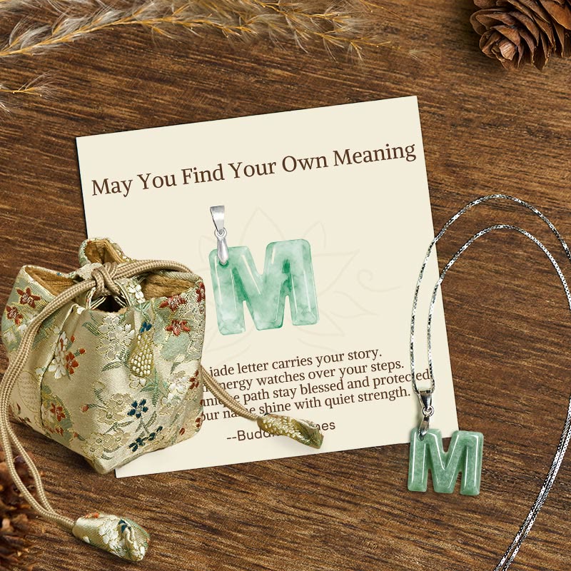 Fortune Jewel "May You Find Your Own Meaning" Natural A-Z Letter Jade 925 Sterling Silver Chain Necklace Includes Gift Message Card - Fortune Jewel