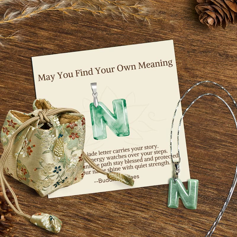 Fortune Jewel "May You Find Your Own Meaning" Natural A-Z Letter Jade 925 Sterling Silver Chain Necklace Includes Gift Message Card - Fortune Jewel