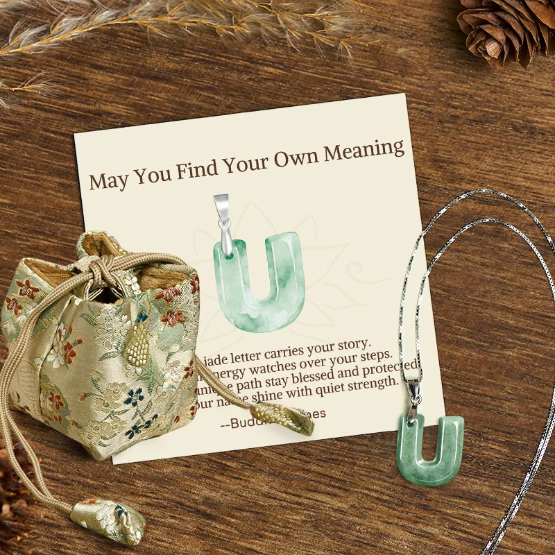 Fortune Jewel "May You Find Your Own Meaning" Natural A-Z Letter Jade 925 Sterling Silver Chain Necklace Includes Gift Message Card - Fortune Jewel