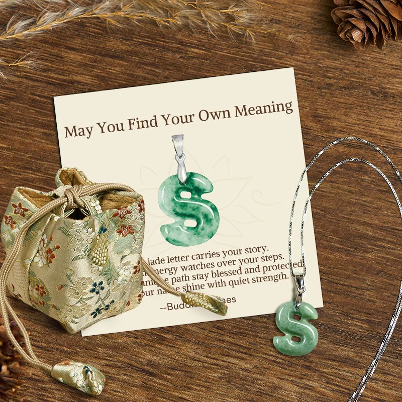Fortune Jewel "May You Find Your Own Meaning" Natural A-Z Letter Jade 925 Sterling Silver Chain Necklace Includes Gift Message Card - Fortune Jewel