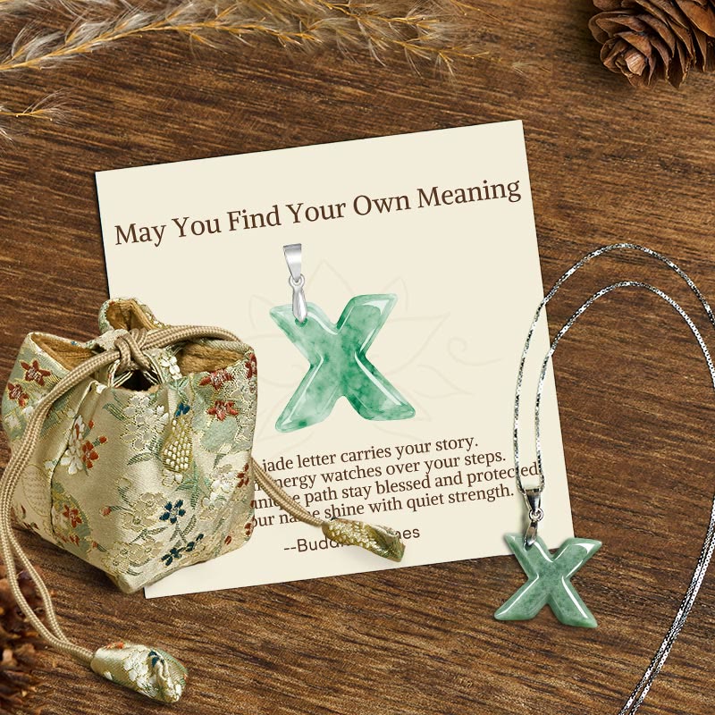 Fortune Jewel "May You Find Your Own Meaning" Natural A-Z Letter Jade 925 Sterling Silver Chain Necklace Includes Gift Message Card - Fortune Jewel