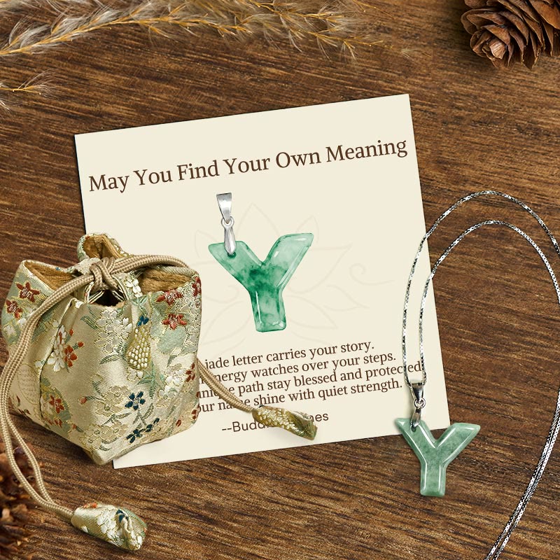 Fortune Jewel "May You Find Your Own Meaning" Natural A-Z Letter Jade 925 Sterling Silver Chain Necklace Includes Gift Message Card - Fortune Jewel