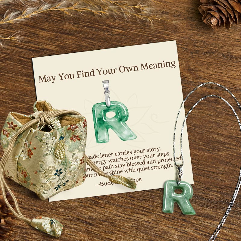 Fortune Jewel "May You Find Your Own Meaning" Natural A-Z Letter Jade 925 Sterling Silver Chain Necklace Includes Gift Message Card - Fortune Jewel