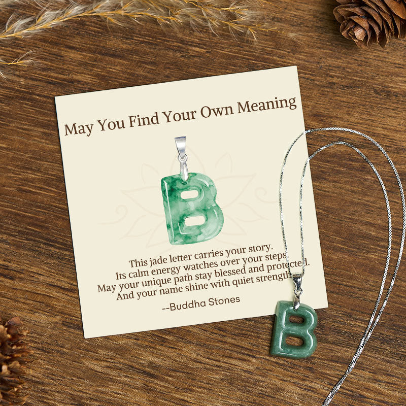 Fortune Jewel "May You Find Your Own Meaning" Natural A-Z Letter Jade 925 Sterling Silver Chain Necklace Includes Gift Message Card - Fortune Jewel