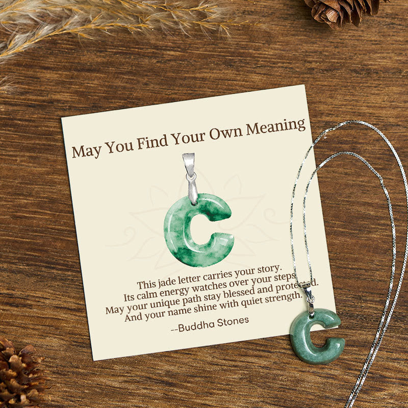 Fortune Jewel "May You Find Your Own Meaning" Natural A-Z Letter Jade 925 Sterling Silver Chain Necklace Includes Gift Message Card - Fortune Jewel