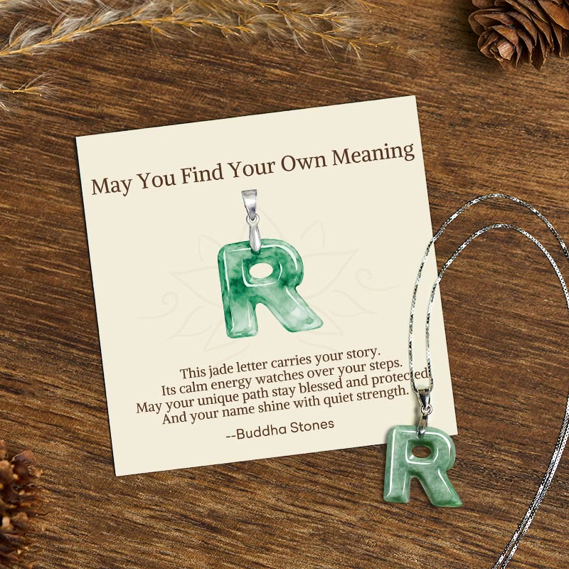 Fortune Jewel "May You Find Your Own Meaning" Natural A-Z Letter Jade 925 Sterling Silver Chain Necklace Includes Gift Message Card - Fortune Jewel