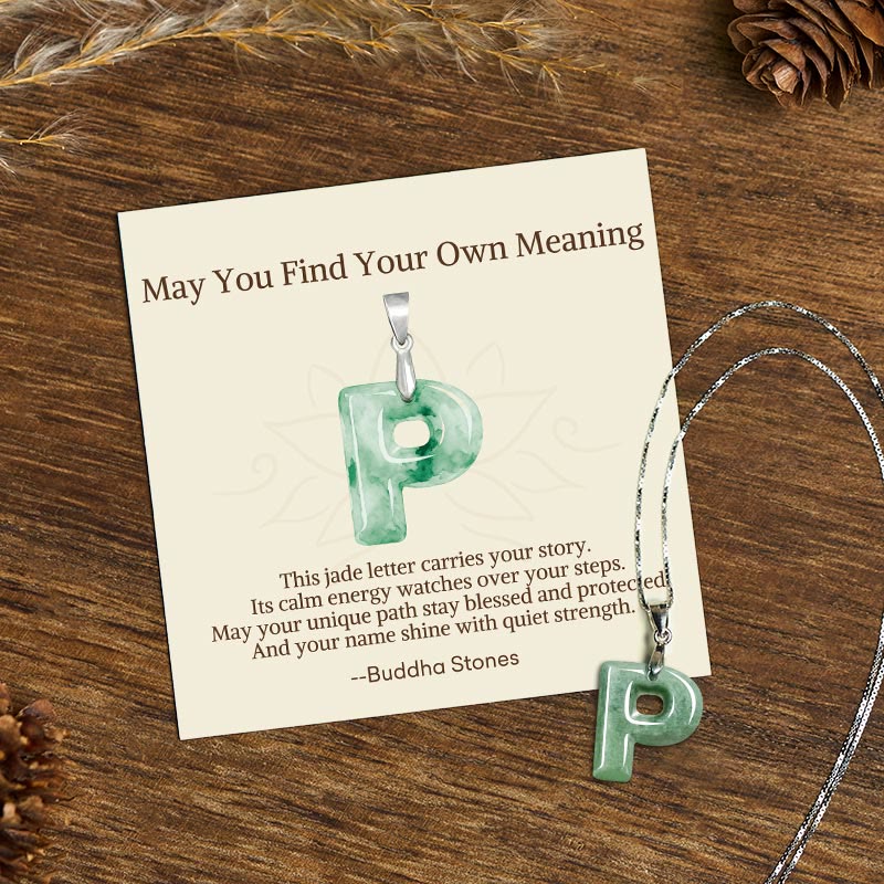 Fortune Jewel "May You Find Your Own Meaning" Natural A-Z Letter Jade 925 Sterling Silver Chain Necklace Includes Gift Message Card - Fortune Jewel