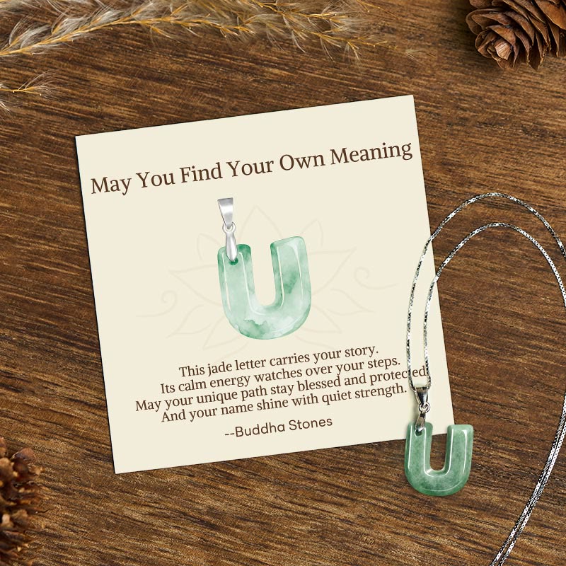 Fortune Jewel "May You Find Your Own Meaning" Natural A-Z Letter Jade 925 Sterling Silver Chain Necklace Includes Gift Message Card - Fortune Jewel