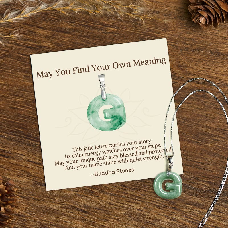 Fortune Jewel "May You Find Your Own Meaning" Natural A-Z Letter Jade 925 Sterling Silver Chain Necklace Includes Gift Message Card - Fortune Jewel