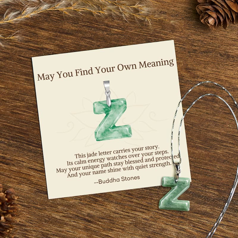 Fortune Jewel "May You Find Your Own Meaning" Natural A-Z Letter Jade 925 Sterling Silver Chain Necklace Includes Gift Message Card - Fortune Jewel