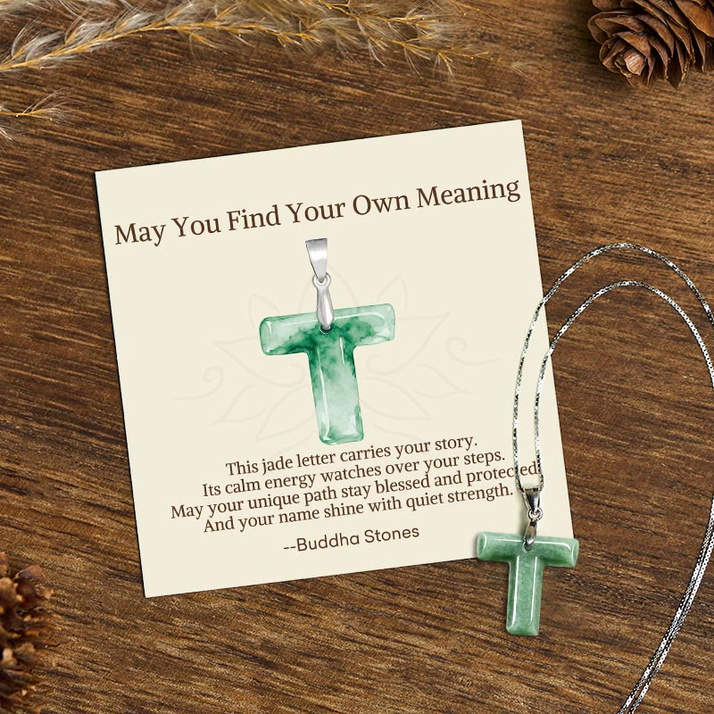 Fortune Jewel "May You Find Your Own Meaning" Natural A-Z Letter Jade 925 Sterling Silver Chain Necklace Includes Gift Message Card - Fortune Jewel