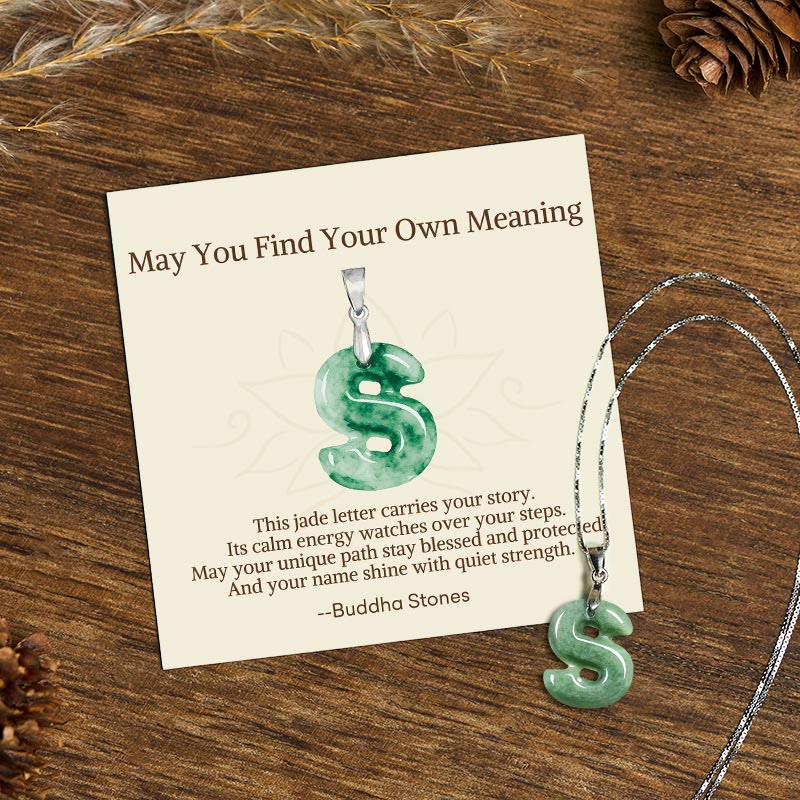 Fortune Jewel "May You Find Your Own Meaning" Natural A-Z Letter Jade 925 Sterling Silver Chain Necklace Includes Gift Message Card - Fortune Jewel