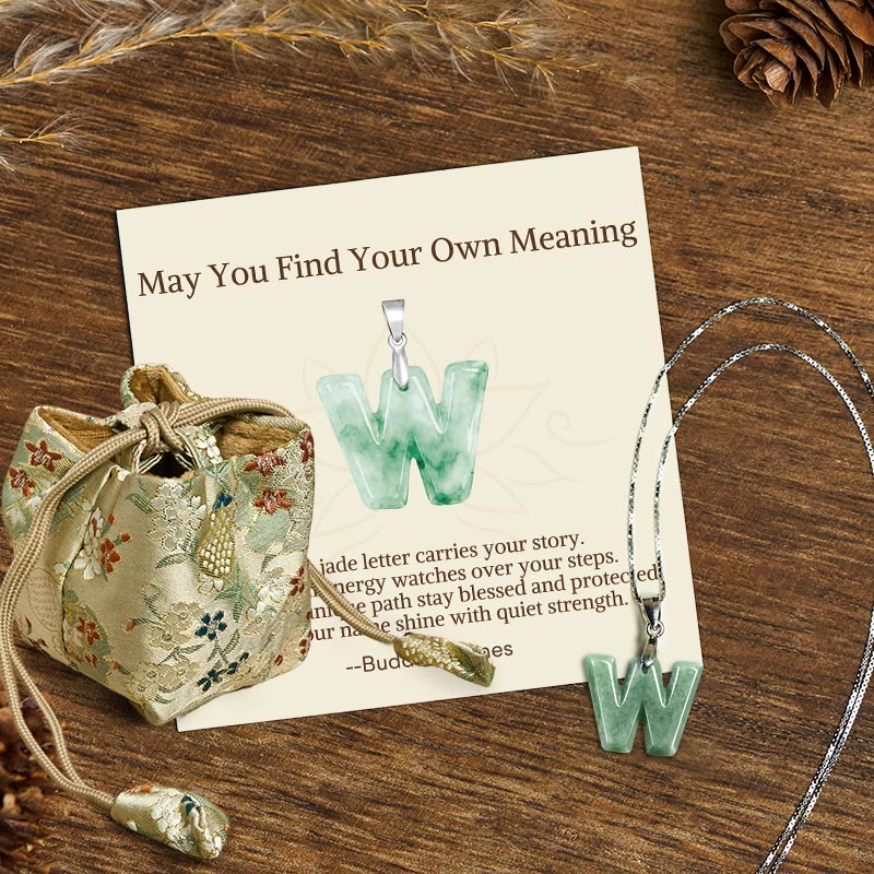 Fortune Jewel "May You Find Your Own Meaning" Natural A-Z Letter Jade 925 Sterling Silver Chain Necklace Includes Gift Message Card - Fortune Jewel