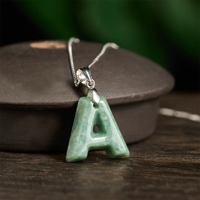 Fortune Jewel Natural A-Z Letter Jade 925 Sterling Silver Silm Chain Prosperity Necklace Pendant - Fortune Jewel