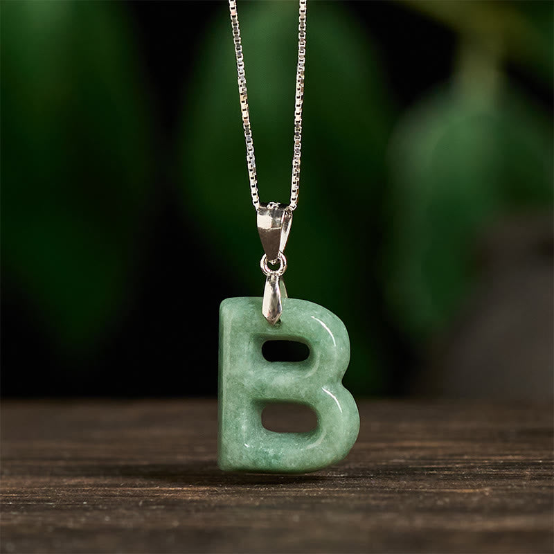 Fortune Jewel Natural A-Z Letter Jade 925 Sterling Silver Silm Chain Prosperity Necklace Pendant - Fortune Jewel