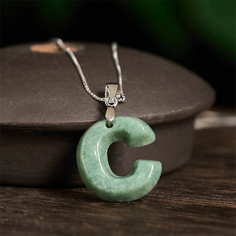 Fortune Jewel Natural A-Z Letter Jade 925 Sterling Silver Silm Chain Prosperity Necklace Pendant - Fortune Jewel