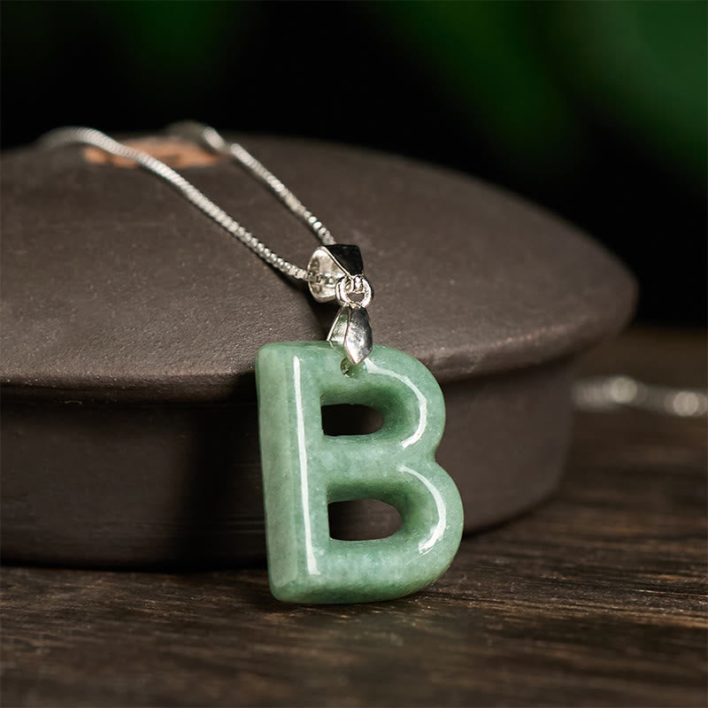 Fortune Jewel Natural A-Z Letter Jade 925 Sterling Silver Silm Chain Prosperity Necklace Pendant - Fortune Jewel