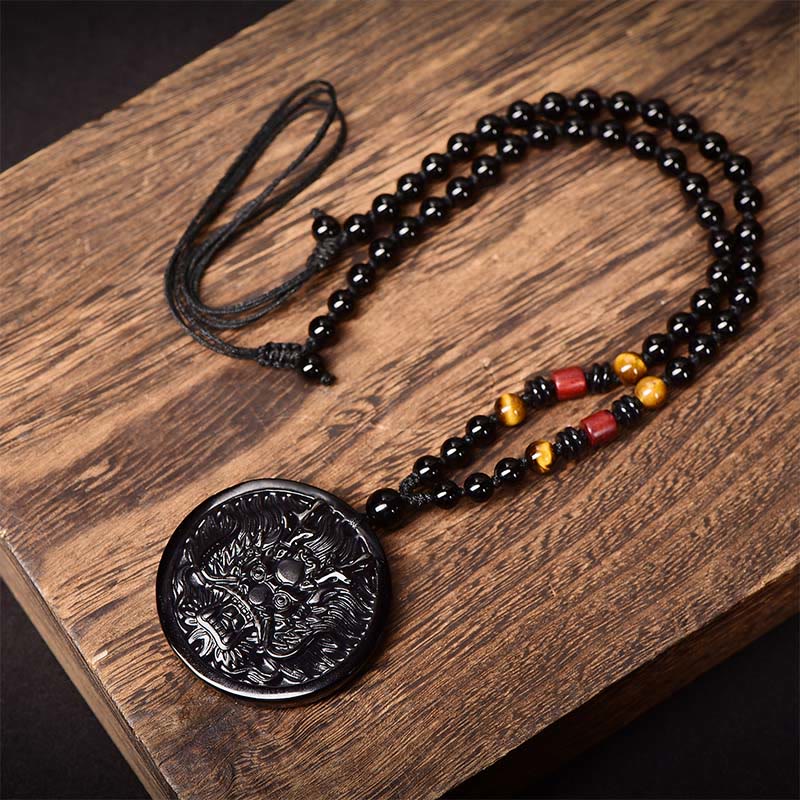 Fortune Jewel Dragon Black Obsidian Transformation Fulfilment Necklace Pendant - Fortune Jewel
