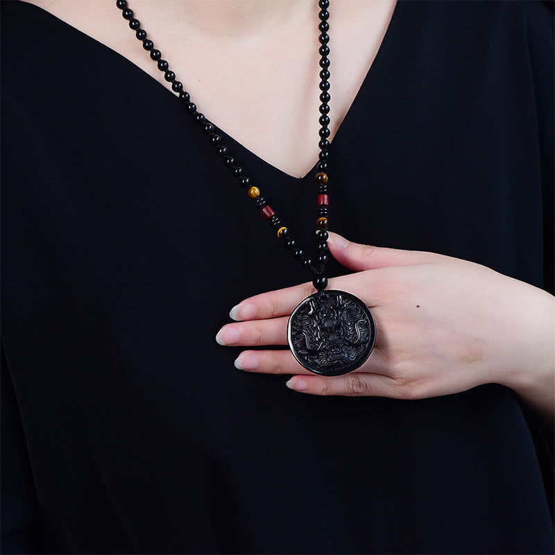 Fortune Jewel Dragon Black Obsidian Transformation Fulfilment Necklace Pendant - Fortune Jewel