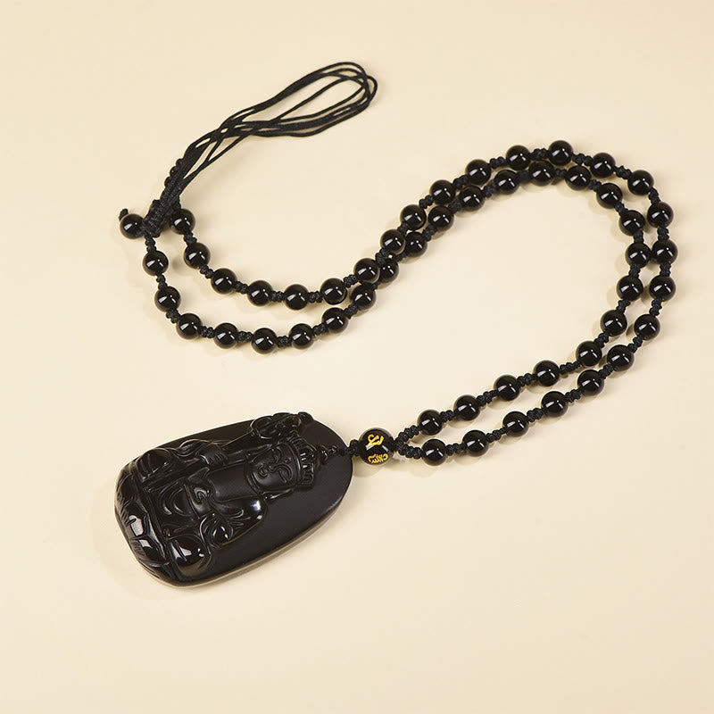 Fortune Jewel Ksitigarbha Buddha Pattern Black Obsidian Fulfilment Necklace Pendant - Fortune Jewel