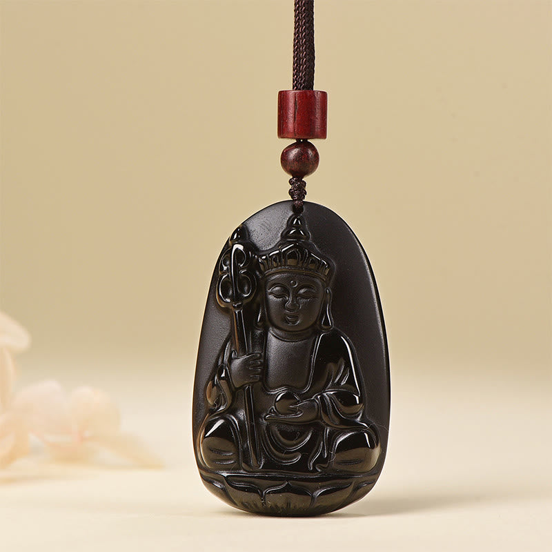 Fortune Jewel Ksitigarbha Buddha Pattern Black Obsidian Fulfilment Necklace Pendant - Fortune Jewel
