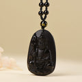 Fortune Jewel Ksitigarbha Buddha Pattern Black Obsidian Fulfilment Necklace Pendant - Fortune Jewel