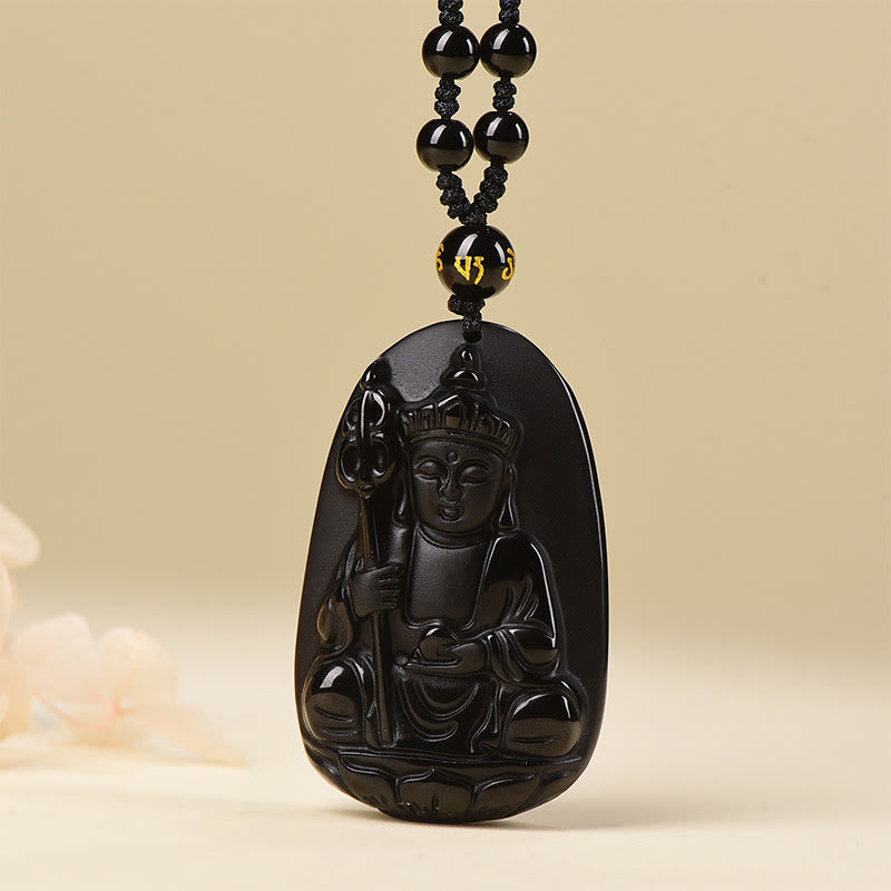 Fortune Jewel Ksitigarbha Buddha Pattern Black Obsidian Fulfilment Necklace Pendant - Fortune Jewel