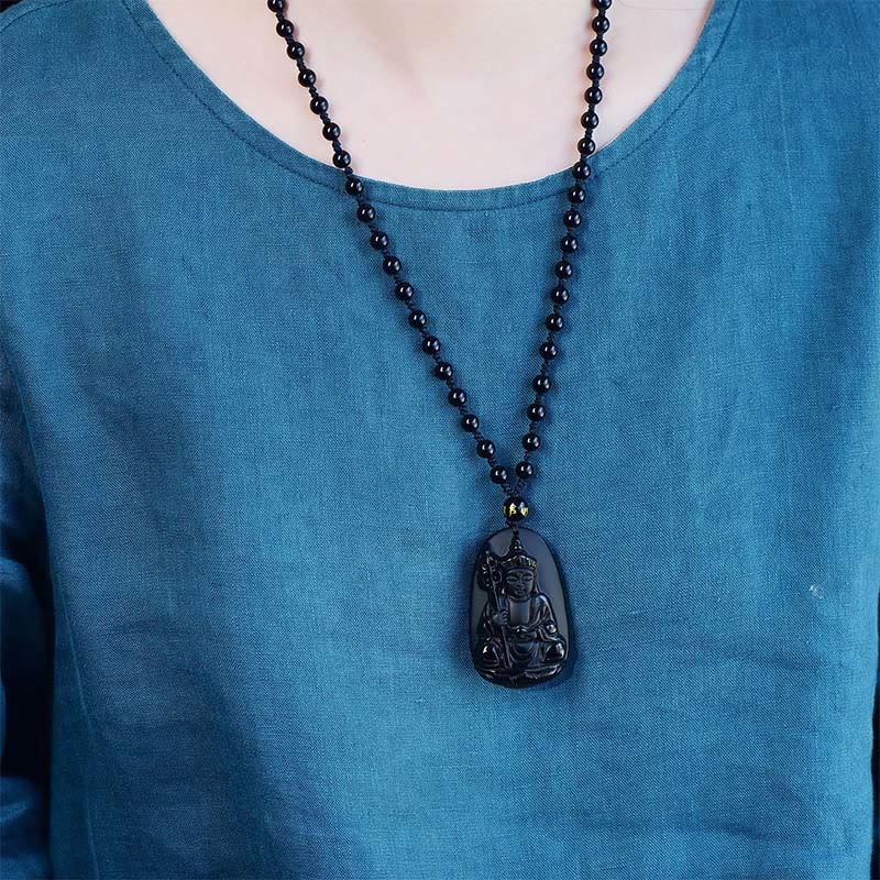 Fortune Jewel Ksitigarbha Buddha Pattern Black Obsidian Fulfilment Necklace Pendant - Fortune Jewel