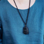 Fortune Jewel Ksitigarbha Buddha Pattern Black Obsidian Fulfilment Necklace Pendant - Fortune Jewel