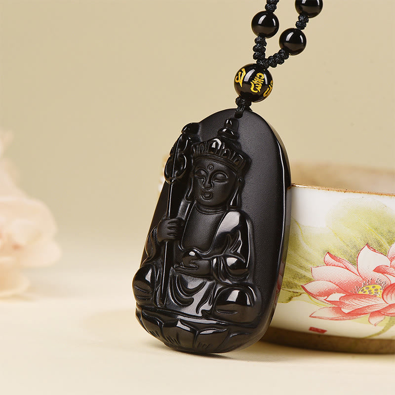 Fortune Jewel Ksitigarbha Buddha Pattern Black Obsidian Fulfilment Necklace Pendant - Fortune Jewel
