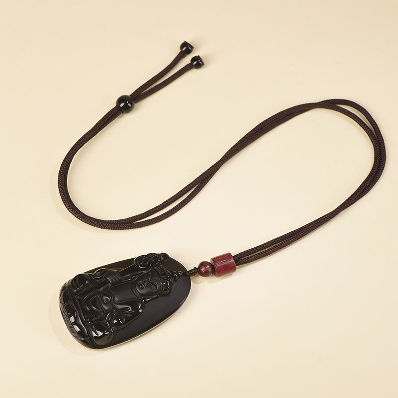 Fortune Jewel Ksitigarbha Buddha Pattern Black Obsidian Fulfilment Necklace Pendant - Fortune Jewel