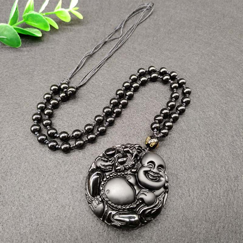 Fortune Jewel Laughing Buddha Pattern Black Obsidian Glass Fulfilment Necklace Pendant - Fortune Jewel