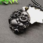 Fortune Jewel Laughing Buddha Pattern Black Obsidian Glass Fulfilment Necklace Pendant - Fortune Jewel