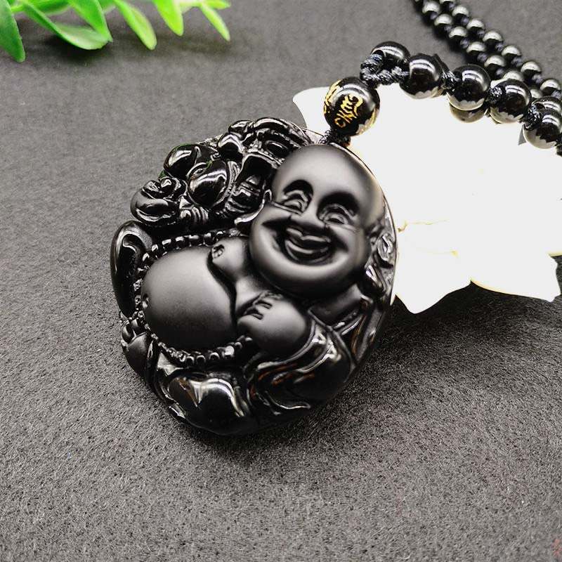 Fortune Jewel Laughing Buddha Pattern Black Obsidian Glass Fulfilment Necklace Pendant - Fortune Jewel