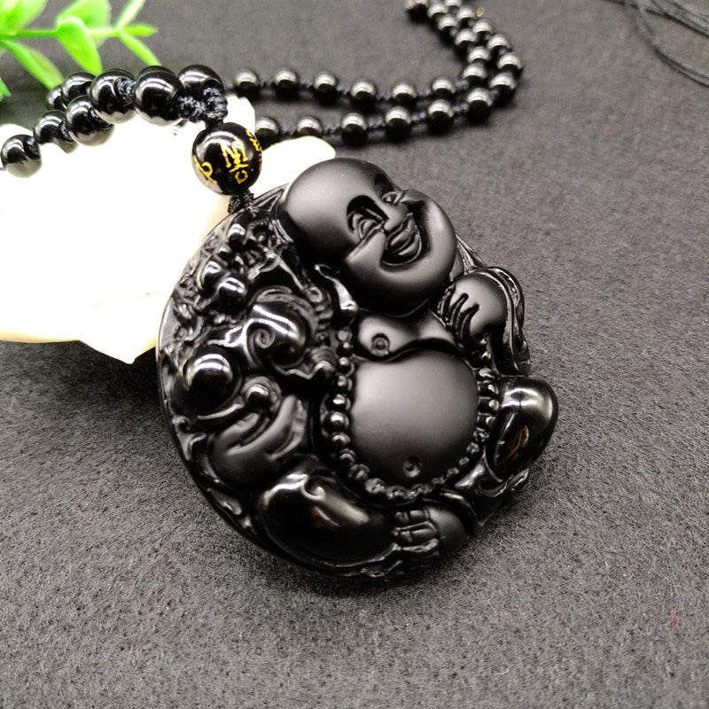 Fortune Jewel Laughing Buddha Pattern Black Obsidian Glass Fulfilment Necklace Pendant - Fortune Jewel