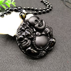 Fortune Jewel Laughing Buddha Pattern Black Obsidian Glass Fulfilment Necklace Pendant - Fortune Jewel