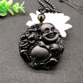 Fortune Jewel Laughing Buddha Pattern Black Obsidian Glass Fulfilment Necklace Pendant - Fortune Jewel