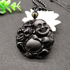 Fortune Jewel Laughing Buddha Pattern Black Obsidian Glass Fulfilment Necklace Pendant - Fortune Jewel