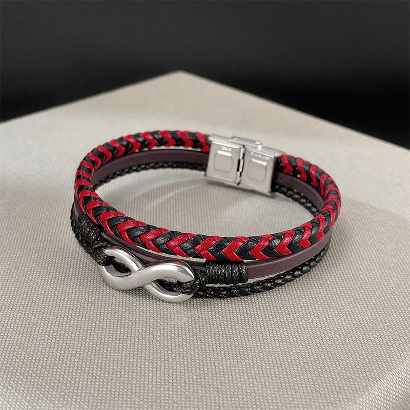 Fortune Jewel Infinitely Design Titanium Steel Braided Three-layer Leather Balance Bracelet - Fortune Jewel